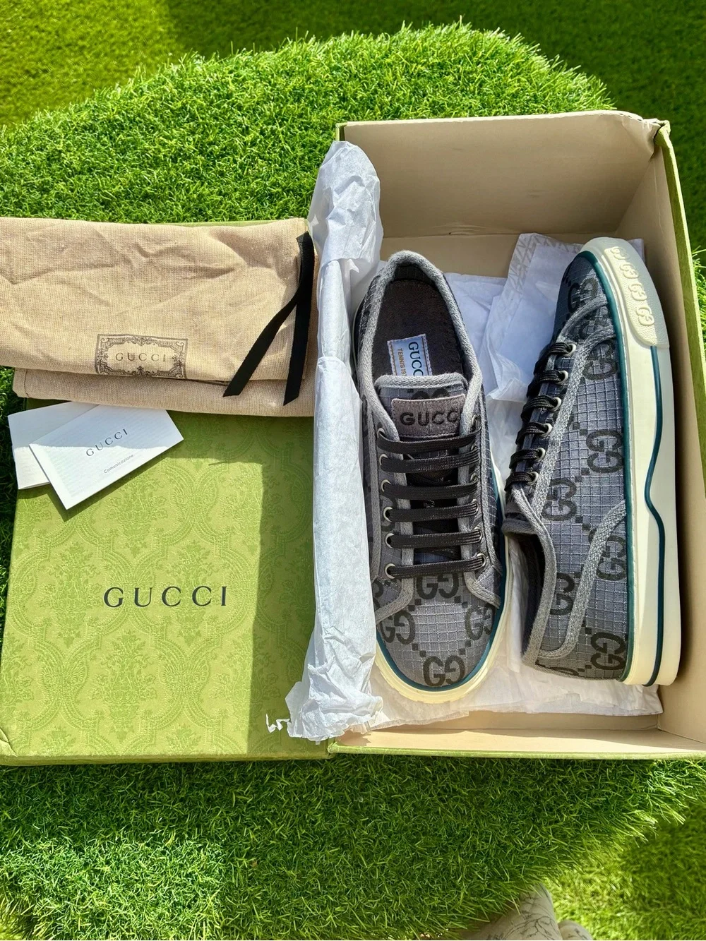 GUCCI TENNIS 1977 GREY BLACK GG SUPREME NEW MONOGRAM SNEAKERS SZ G8 EU 42 NEW!